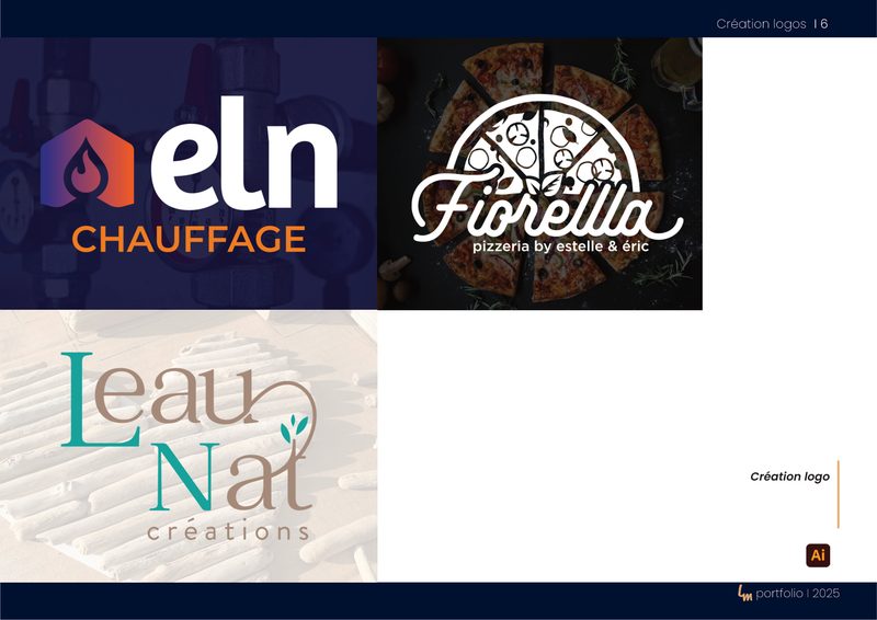 Sélection de créations de logos : ELN Chauffage, Fiorella, Leau Nat