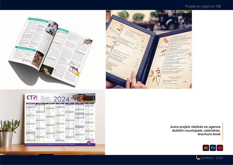 Projets réalisés en agence : bulletin municipal, calendrier, brochure, menus
